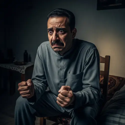Middle-Eastern Man Expressing Anxiety in Dimly Lit Room