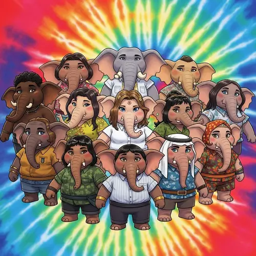 Colorful Elephant People: Fantastical Beings in Vibrant Setting