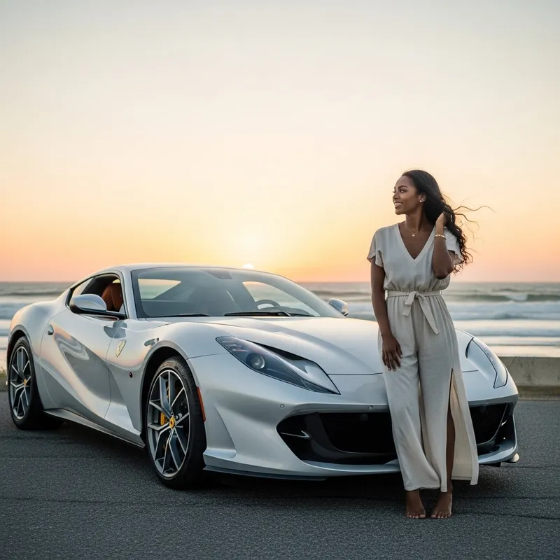 Stunning Woman with Ferrari 812 Enjoying Beach Sunset Stunning Woman with Ferrari 812 Enjoying Beach Sunset