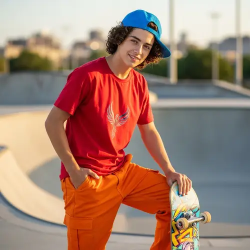 White Teenager with Curly Hair in Blue Cap, Red Shirt and Orange Pants