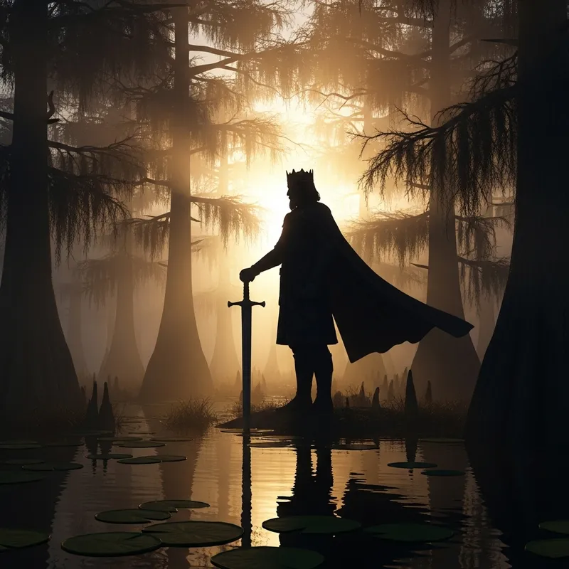 Medieval King Silhouette at Dawn in Swamp - Mystical Royalty in Misty Moor