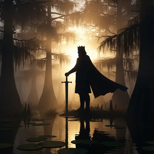 Medieval King Silhouette at Dawn in Swamp