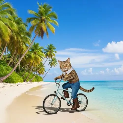 Fanciful Cat in Boots on Bicycle - Paradise Island Scene