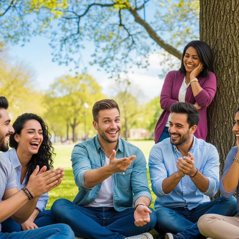 Hilarious Park Scene: Friends Enjoying Witty Story