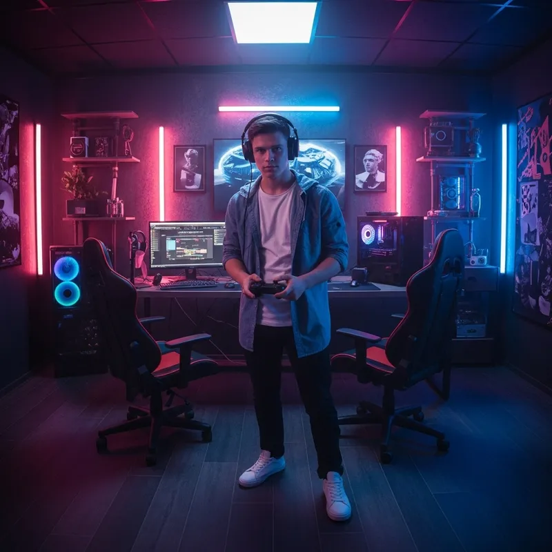Futuristic Gamer in Neon Ambience | Cyberpunk Gaming Setup