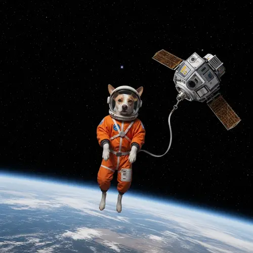 Dog Astronaut Floating in Outer Space