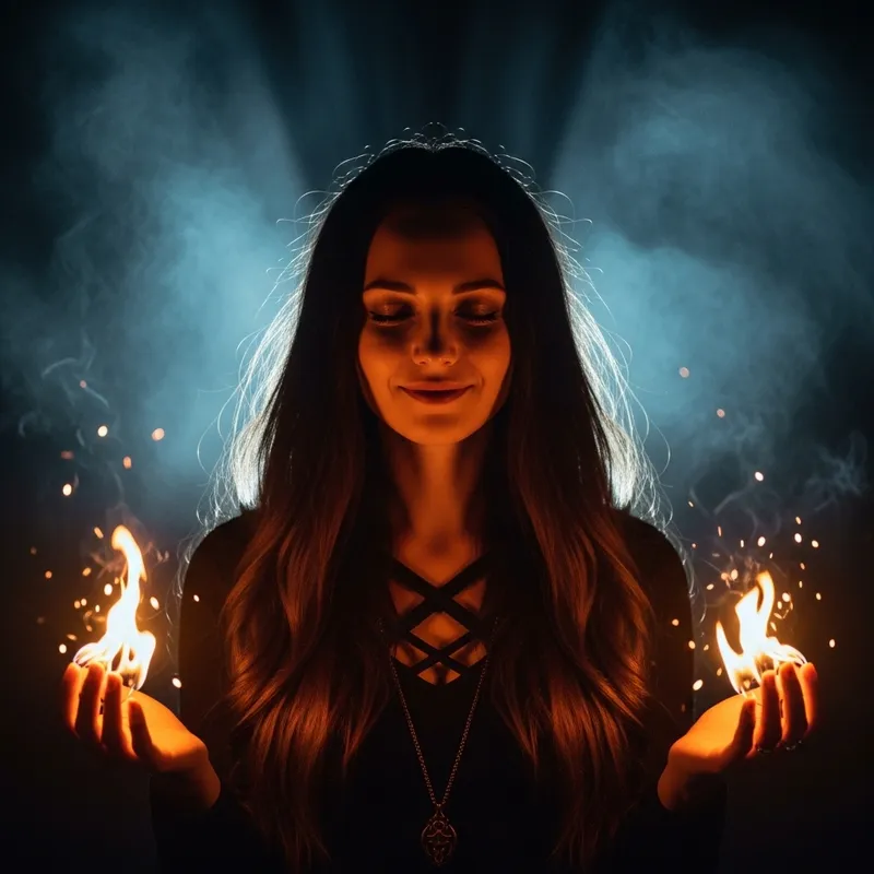 Enchanting Sorceress in Magical Firelight | Mystical Beauty