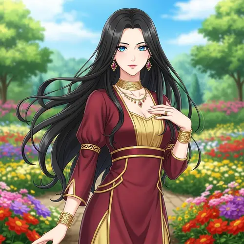 Stunning Girl with Dark Ebony Hair and Precious Gem-like Eyes in Burgundy Dress