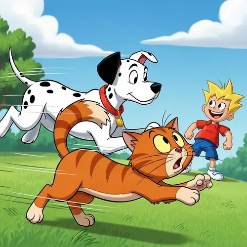 Playful Spotted Dog Chasing a Ginger Cat and Cartoon Boy Smiling