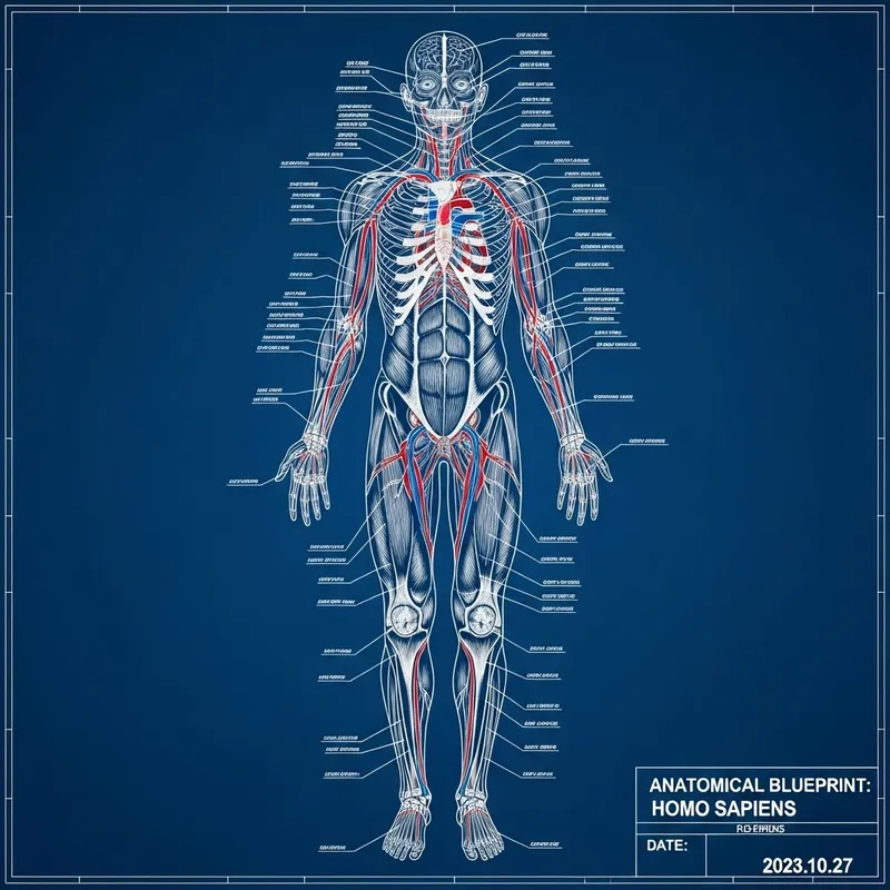 Detailed Human Anatomy Blueprint in Blue Color Scheme