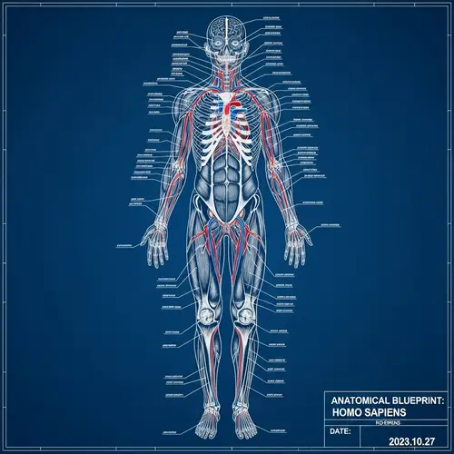 Detailed Human Anatomy Blueprint | Blue Color Scheme