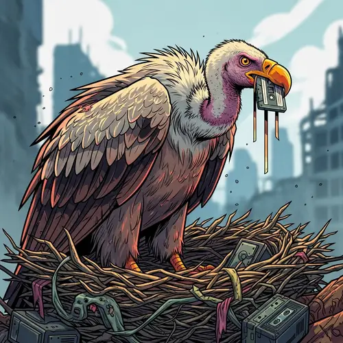 Post-Apocalyptic Vulture Illustration Devouring Cassette Tape