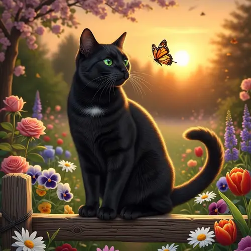 Black Cat on Wooden Fence Surrounded by Blooming Garden
