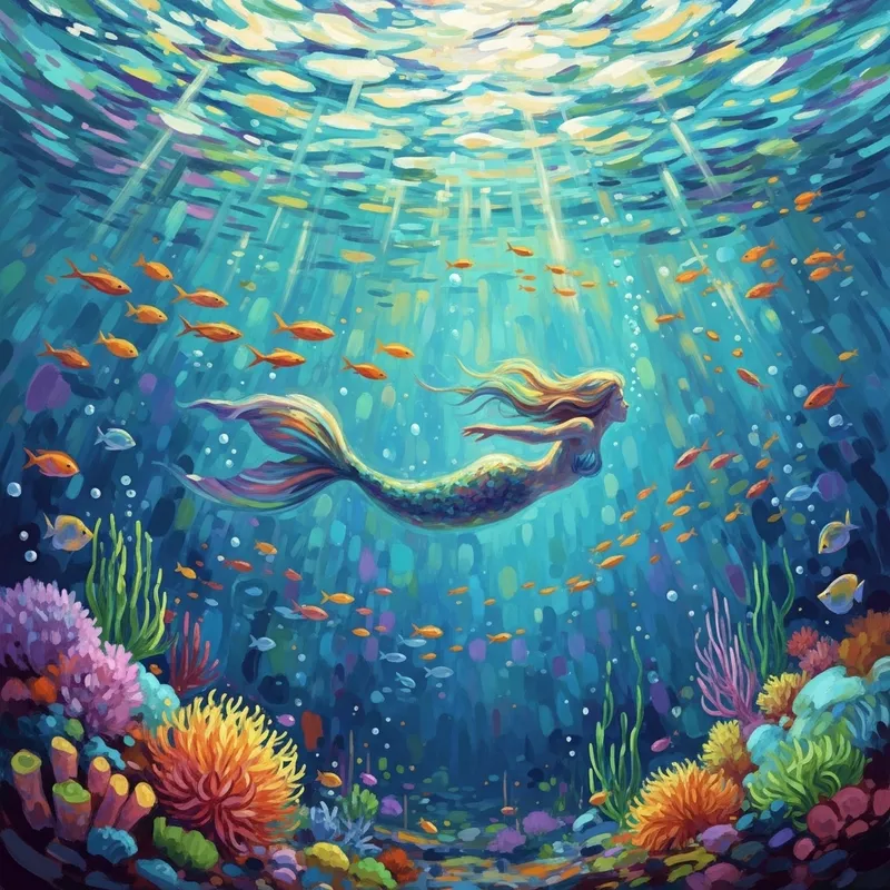 Surreal Underwater Mermaid Scene: Vibrant Colors & Elegance