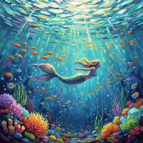 Surreal Underwater Scene: Mermaid Swimming in Impressionistic Style