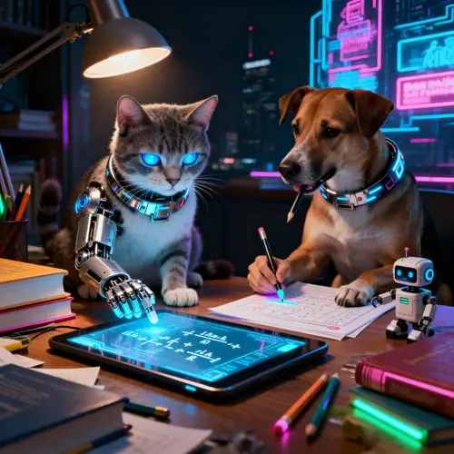Cyberpunk Cat and Dog Doing Homework Together