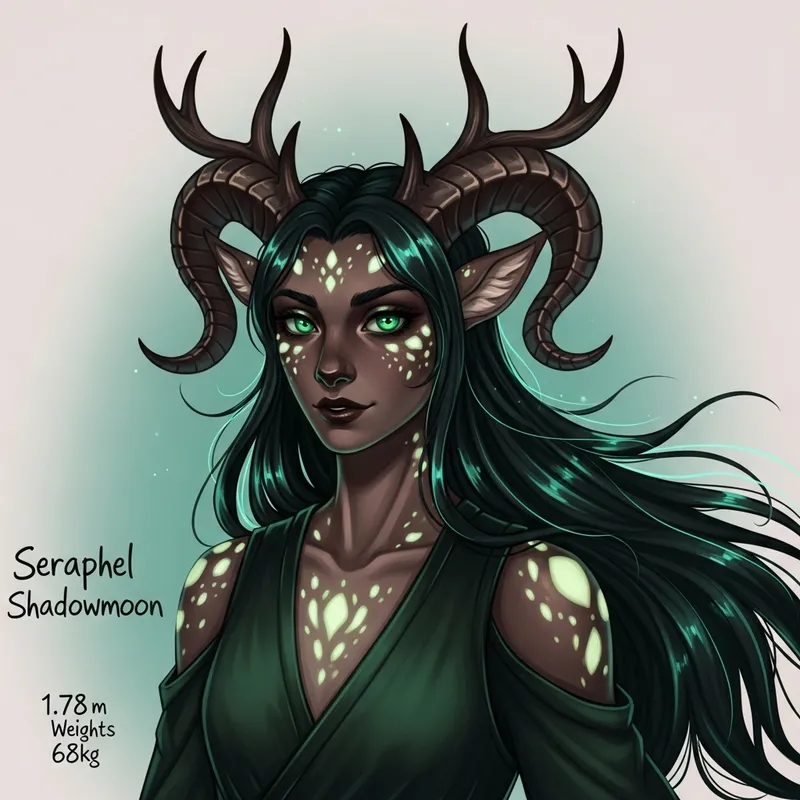 Seraphel Shadowmoon: Mysterious Tiefling-Deer Hybrid with Luminescent Features