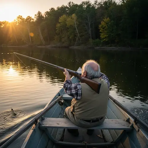 Elderly Fisherman with Rifle on a River Boat