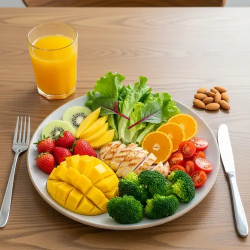 Fresh and Wholesome Dining Table Set with Colorful Fruits and Veggies
