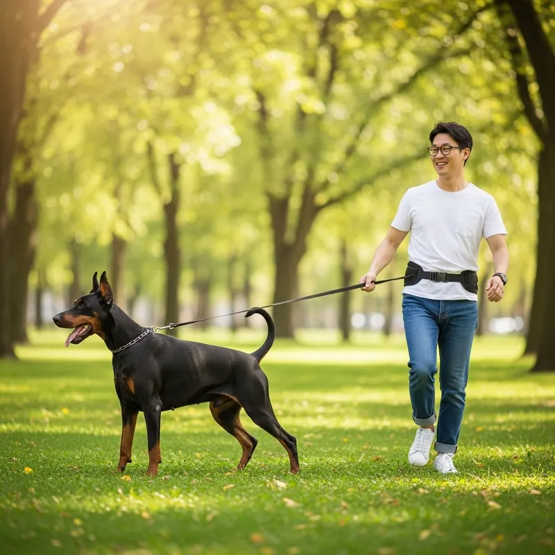 Unusual Role Reversal: Doberman Walking Human in Park Unusual Role Reversal: Doberman Walking Human in Park