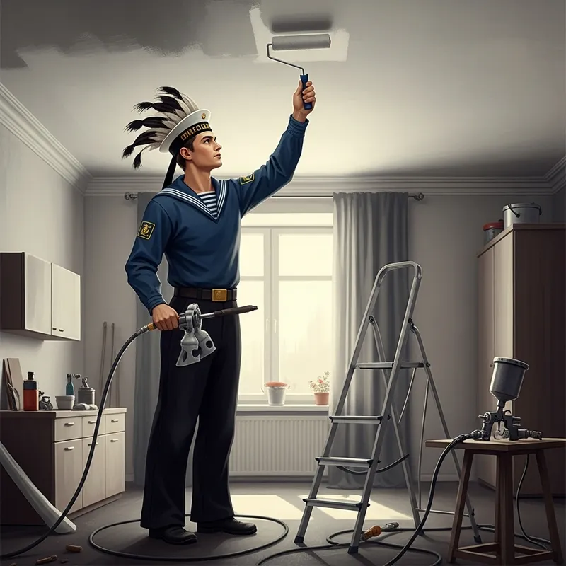 Russian Sailor Painting Ceiling in Modern Apartment - Vintage Poster