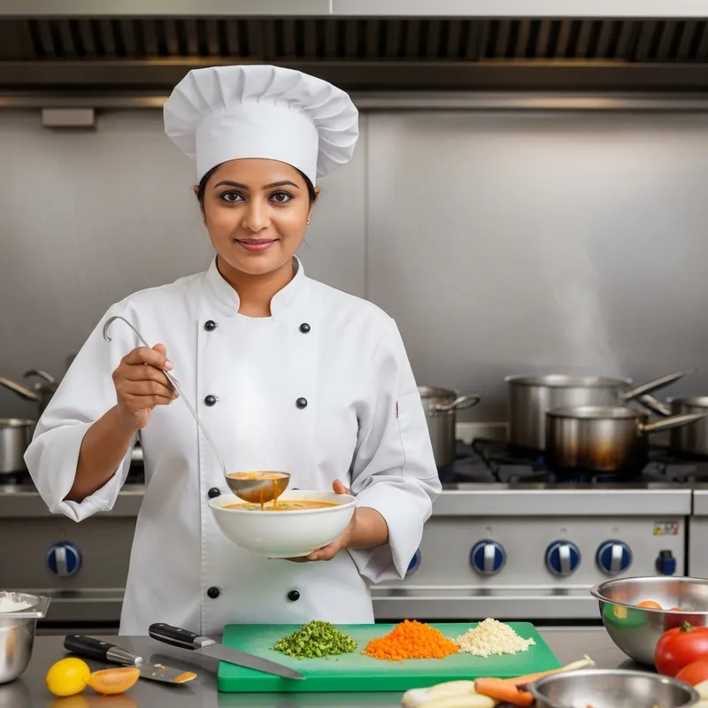 Experienced Female Chef with Ladle in Kitchen