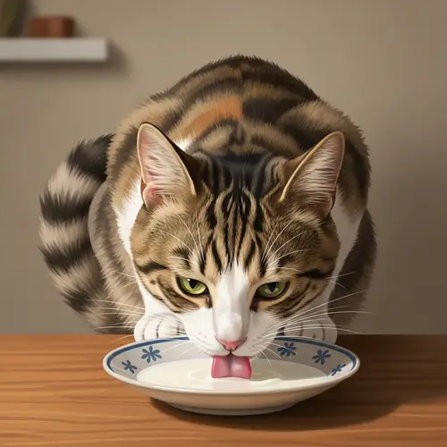 Mixed Fur Color Cat Drinking Milk on Wooden Table