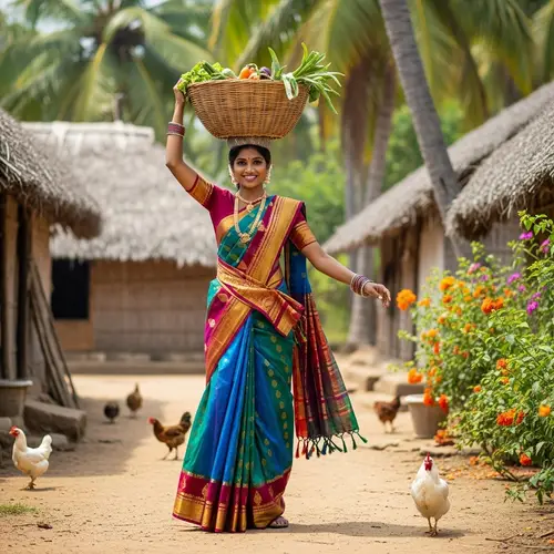 Beautiful Tamil Nadu Village Woman in Traditional Saree with Gold Threads