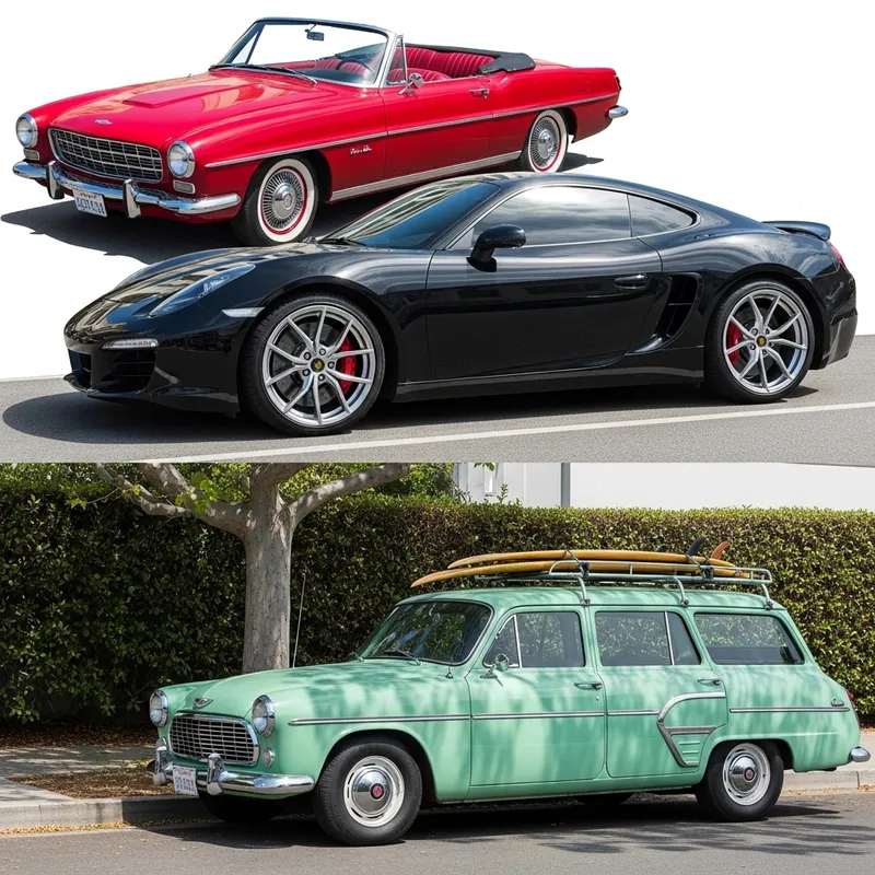 Vintage Red, Modern Black & Classic Mint Green Cars