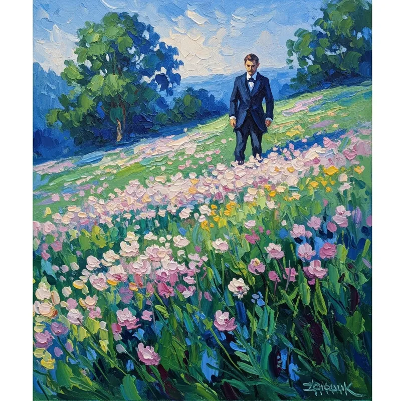 Gentleman Walking on Flower-Covered Hillside in Monet Style