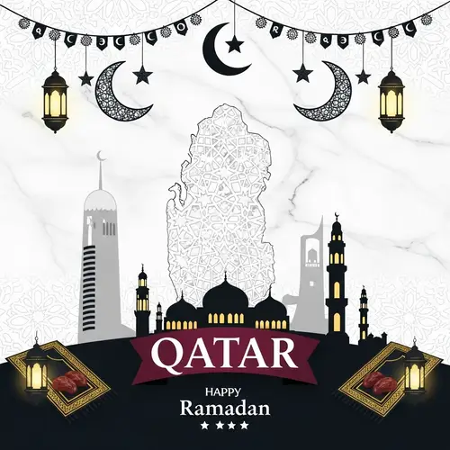 Qatar Ramadan Background in White Marble Gray & Black