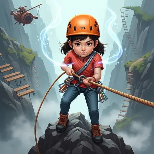 Brave Asian Girl Conquering Steep Mountain with Determination