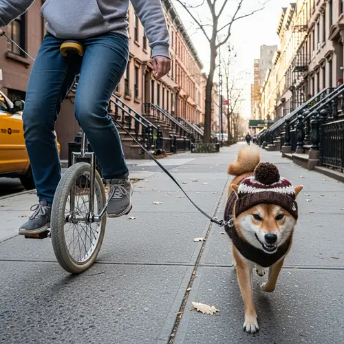 Unicycle Rider in Brooklyn with Shiba Inu