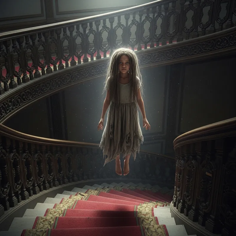 Young African American Girl in Tattered Dress Ascending Spiral Staircase