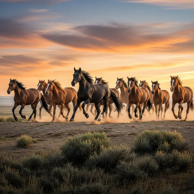 Wild Horses Running on a Mesa: Majestic Scene at Sunset