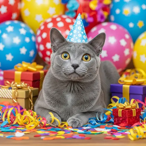 Joyous Blue Russian Cat Surrounded by Celebration Items