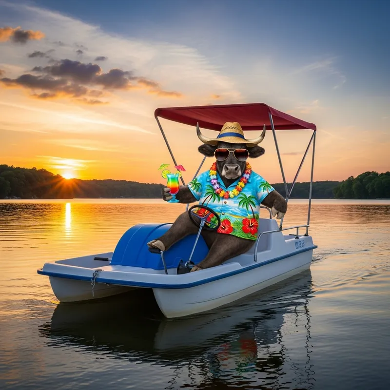 Bull Pedaling Paddle Boat in Hawaiian Shirt and Straw Hat