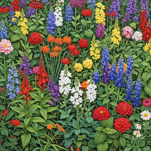 Vibrant Garden Scene with Blossoms and Leaves