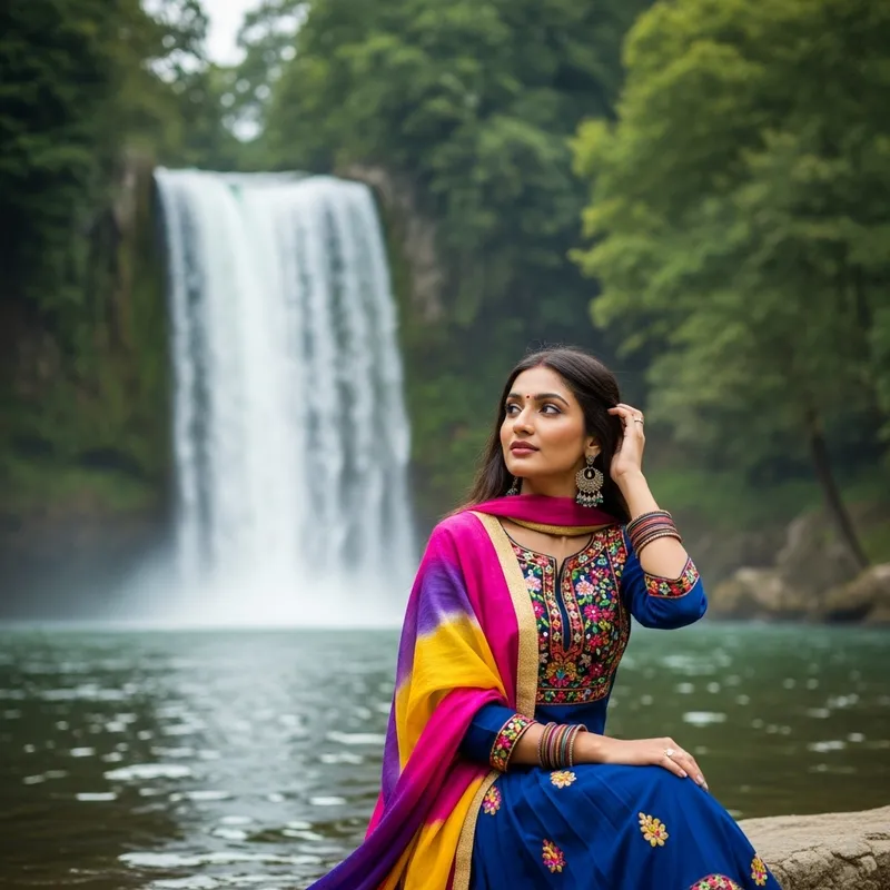 Tranquil South Asian Girl by Serene Waterfall | Elegant Scene