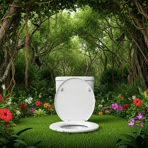 White Porcelain Toilet Seat in Lush Jungle Setting