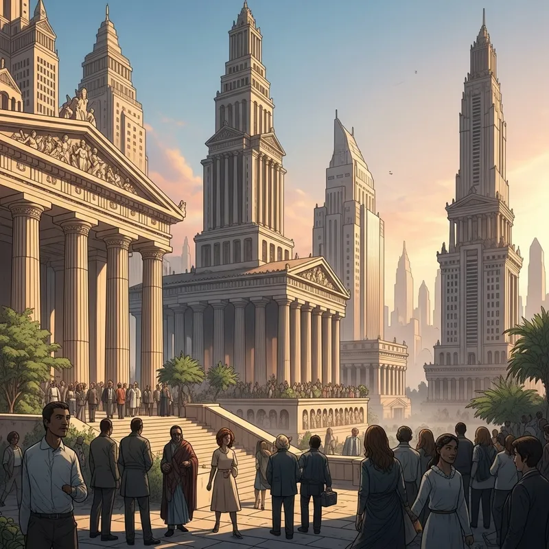 Cityscape Skyscrapers Resembling Ancient Temples