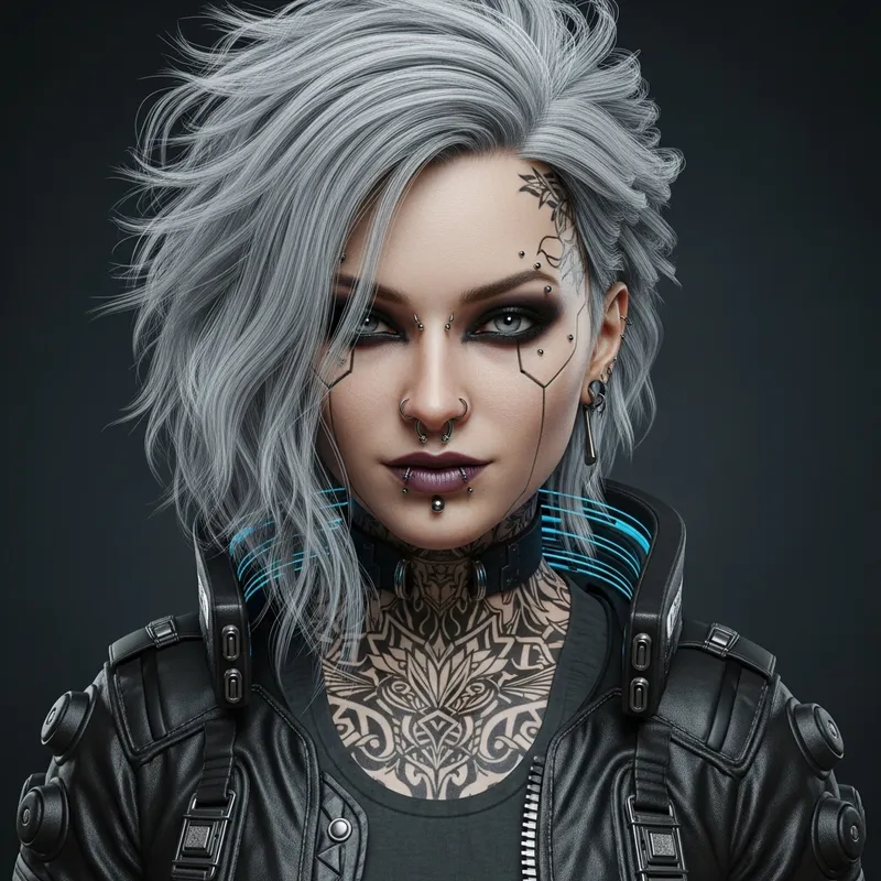 Goth Fantasy Woman with Silver-White Punk Hair in Cyberpunk Genre Goth Fantasy Woman with Silver-White Punk Hair in Cyberpunk Genre