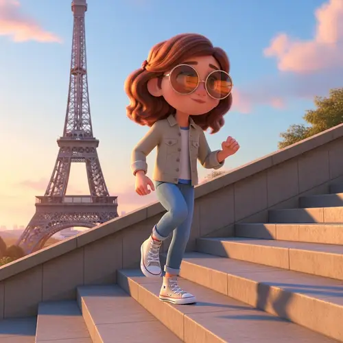Pixar-Style Animation of Girl Descending Stairs with Eiffel Tower in Background