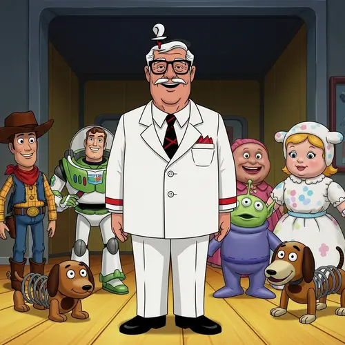 Colonel Sanders KFC Toy Story Style Image with Animated Background Characters