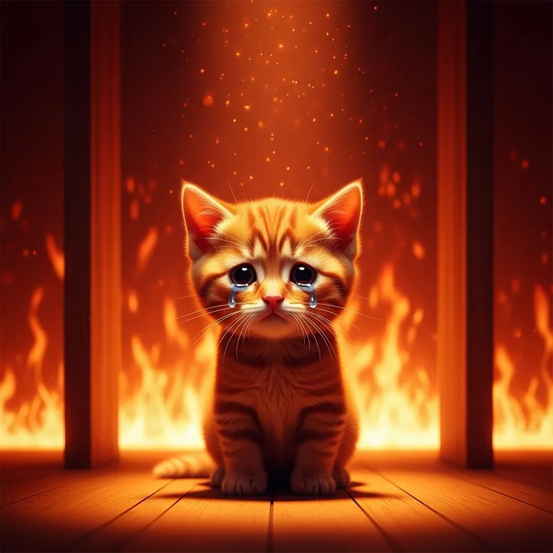 Sorrowful Ginger Cat Surrounded by Illuminated Flames