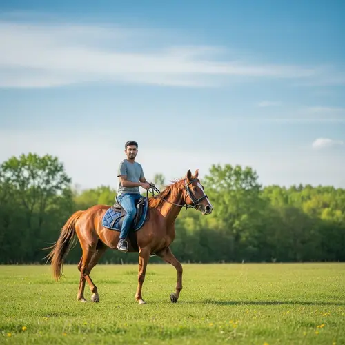 South-Asian Man Riding Chestnut Horse in Lush Green Meadow