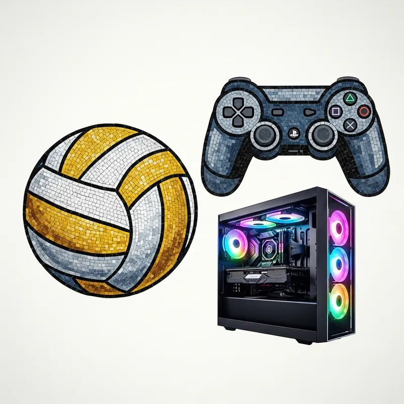 Skillfully Crafted Volleyball, PlayStation Controller, and Gaming PC Mosaic
