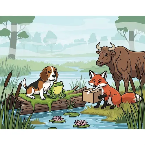 Misty Marshland Scene with Beagle Dog, Frog, Fox, and Ox