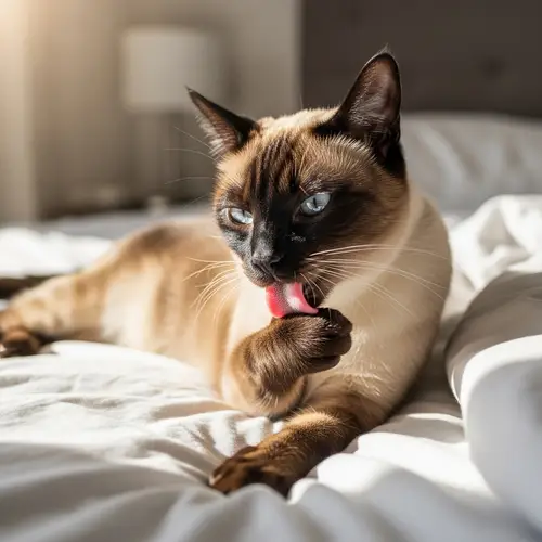 Siamese Cat Lying on Bed Licking Arm