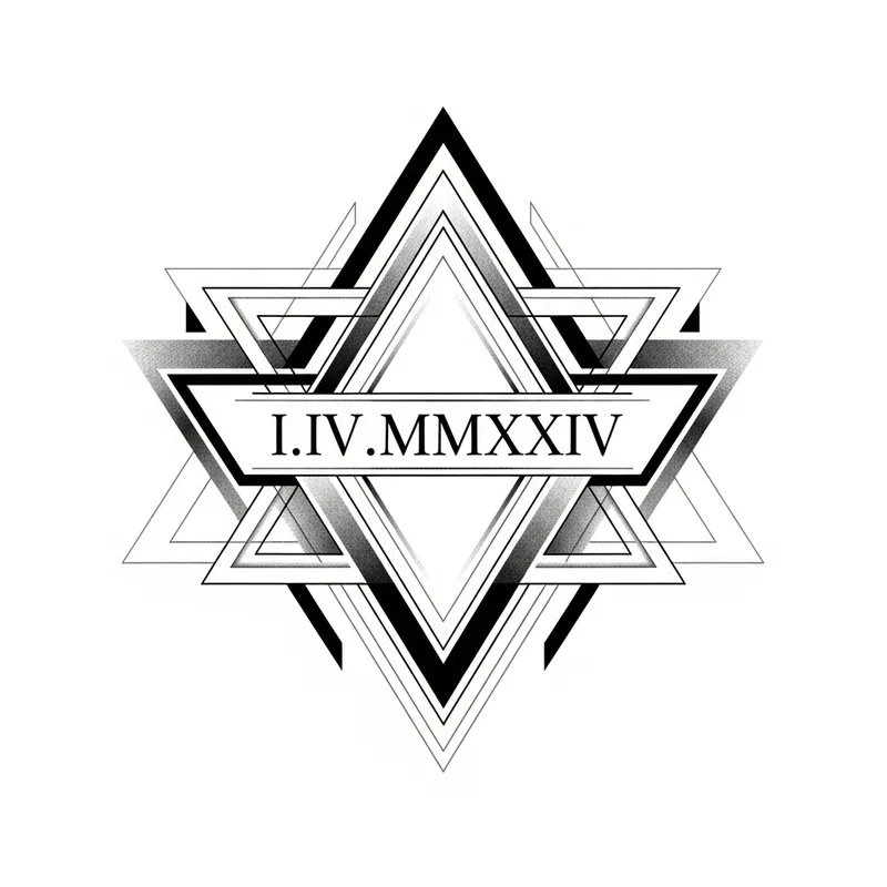 Geometric Tattoo Design with Roman Numerals I.IV.MMXXIV in Triangles